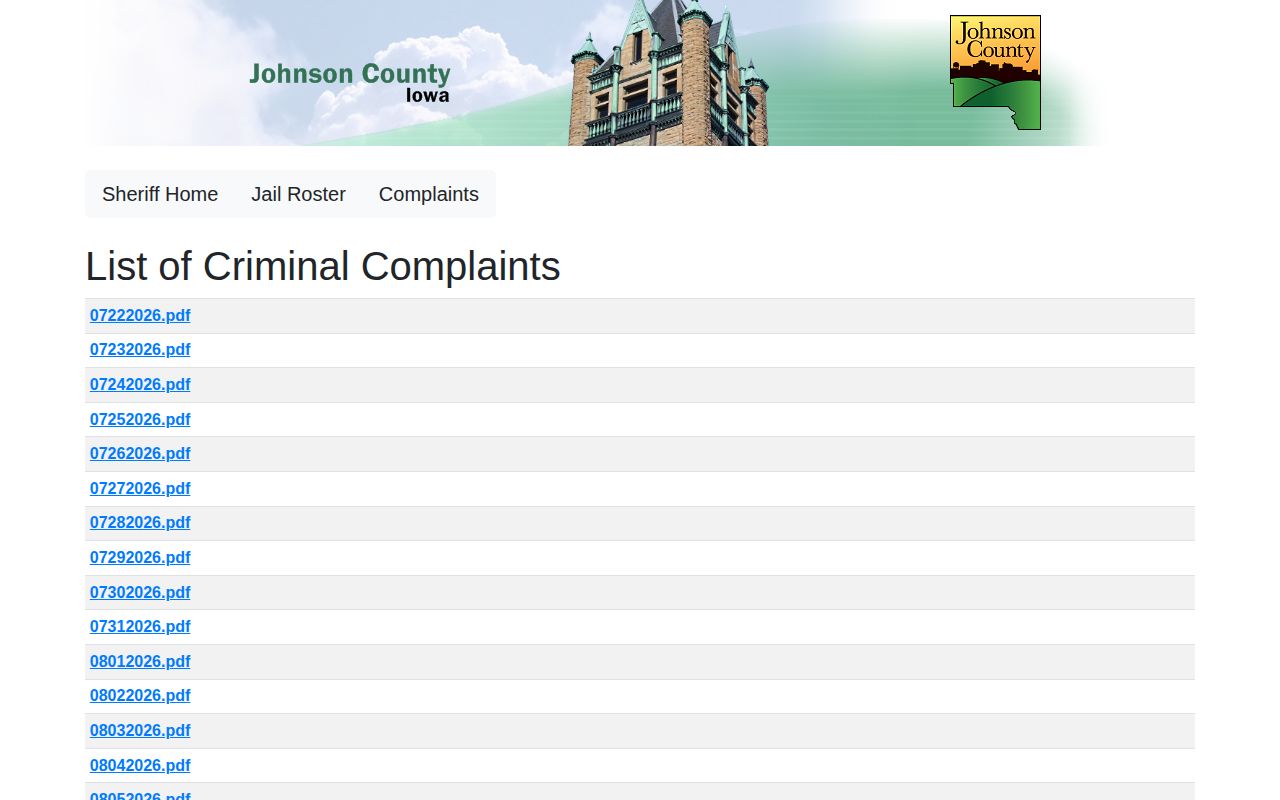 Johnson County Sheriff criminal complaints date index