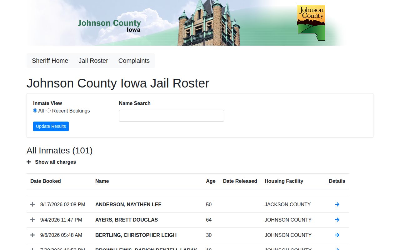 Johnson County Jail roster controls and result columns