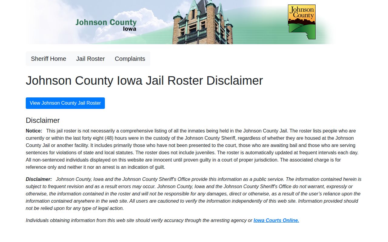 Johnson County jail roster disclaimer and custody scope